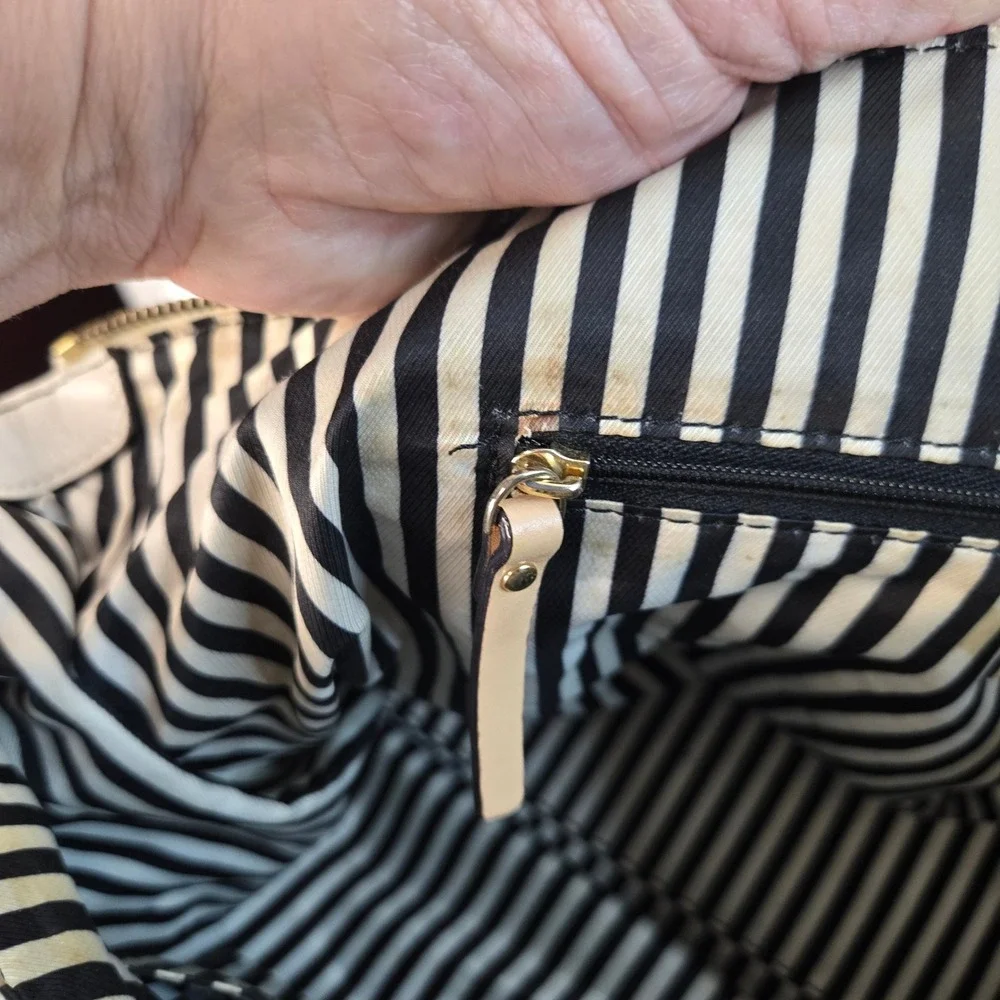 vintage Kate Spade NY White Leather Tote Bag Turn Lock Pocket Striped Lining